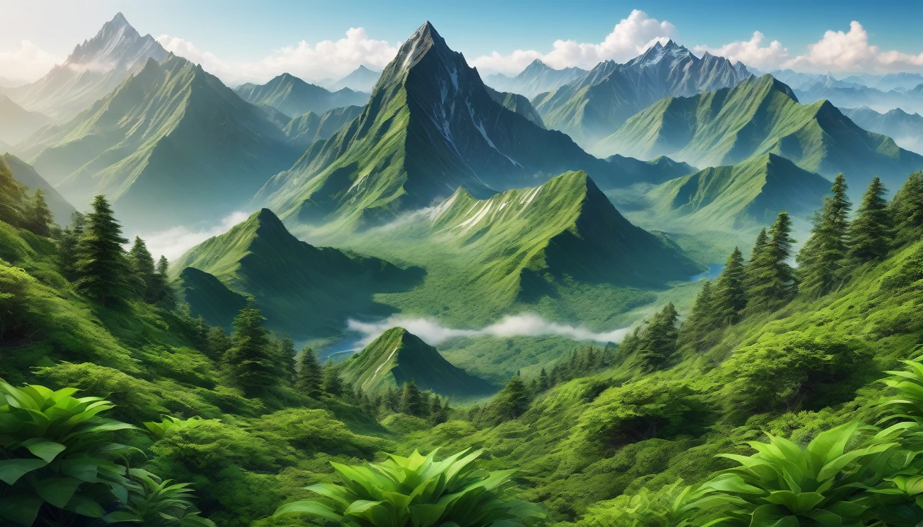 There is a sprawling mountain range covered in greenery.,The highest mountain is located on the west coast.(best quality,4K,8k),Ultra Detailed,(lifelike,Photo real),Complex patterns,Realistic lighting,Ultra-clear real photography photos,Real details