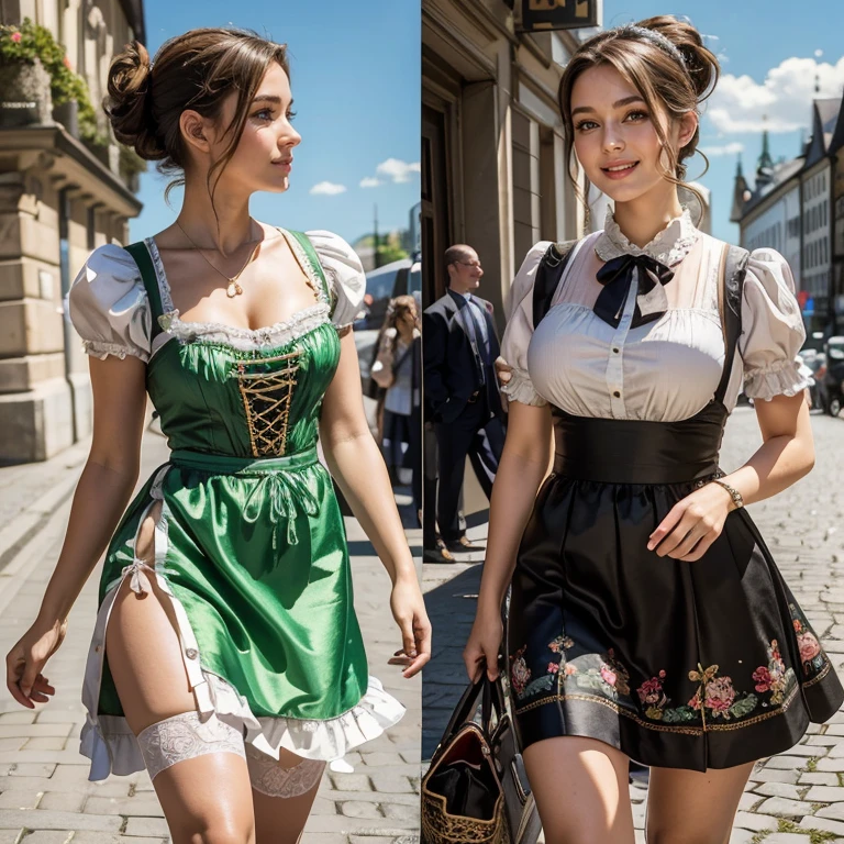 (masterpiece, best quality:1.5), highest quality, High resolution, super detailed, Realists, Full body photo of a transformation process from a man into a 22-year-old brunette woman, detailed and beautiful eyes, beautiful detailed lips, very detailed eyes and face, longeyelashes, A 22-year-old woman in a beautiful short shimmering satin dirndl, Details in the dress fabric, Beautiful and colorful makeup, elegant and noble々Pose, hairband, ponytail hairstyle, Munich as a backdrop, bright daylight, bright colors, fine brushstrokes, Portrait style, beautiful color palette, glowing skin, First-class rendering, that captures every detail, enchanting atmosphere, (perfect anatomy:1.2), (The stunning woman wears a beautiful short dirndl with stockings. smiling in love and full of joy for the festival, nice legs. Image sequence of a man transforming into a woman. Clothing changes step by step (magnificent panorama view:1.2)