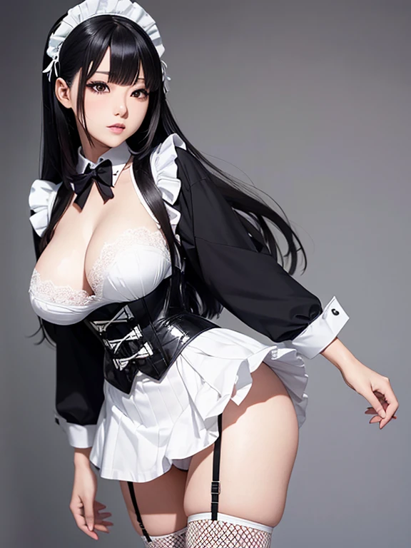 Photorealistic, high resolution, A Japanese Maid named Kimmi, solo, heavy makeup, Hips up, (standing) (Detailed face), Black hair, Long hair, black and white corset, white lace Panties , black micro skirt, fishnet Stockings. Fully clothed.