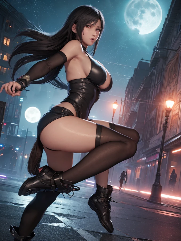  ((Master quality, 8K, masterpiece:1.3, ultra-detailed, high resolution, RAW Photos, detailed , blurry, Actual, hyper realistic, photo, HDR)), BREAK, perfect((( anatomy, hands, fingers, legs, feet ))), detailed eyes, BREAK, One person alone, ff7r style, tifa lockhart, beautiful face, beautiful brown eyes, (dynamic posing ), long hair, ( Round and Stacked Breasts ), Cleavage, seductive smile:1.5, Sweat-soaked skin, BREAK, , wearing( bodysuit) , Graffiti art, BREAK, ( Random Angle, full-body, ), dynamic angle, , background(Realistic , cinematic lighting, depth of field, night , the full moon,, cyberpunk city atmosphere light particles, , )