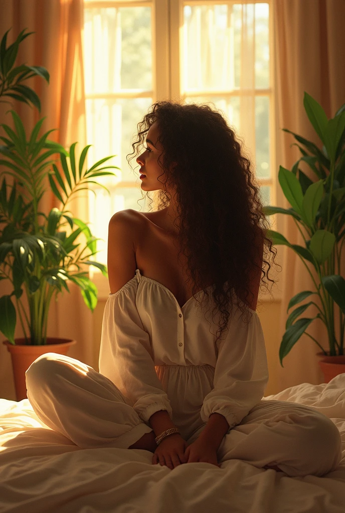 (photorealism:1.2), beautiful woman, sitting on bed, wearing loose off-shoulder top, pajama pants, long curly hair, indoors, soft lighting, plants in background, window with sunlight, cozy room, relaxed pose, realistic, intricate details, warm colors, by Greg Rutkowski, by Alphonse Mucha