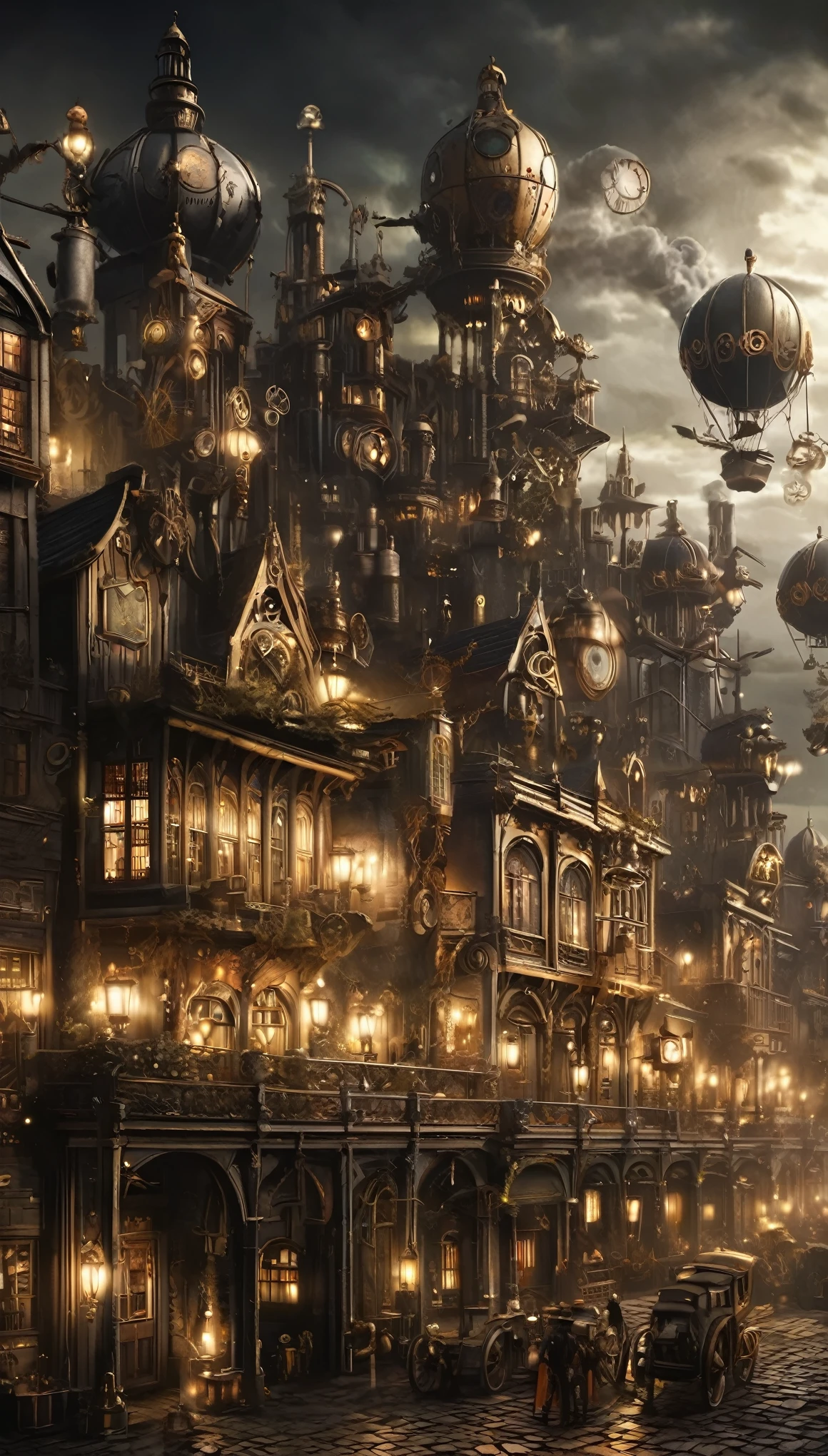 steampunk、landscape、dim、beautiful、Town、unmanned、Obsolete、night、air、gear