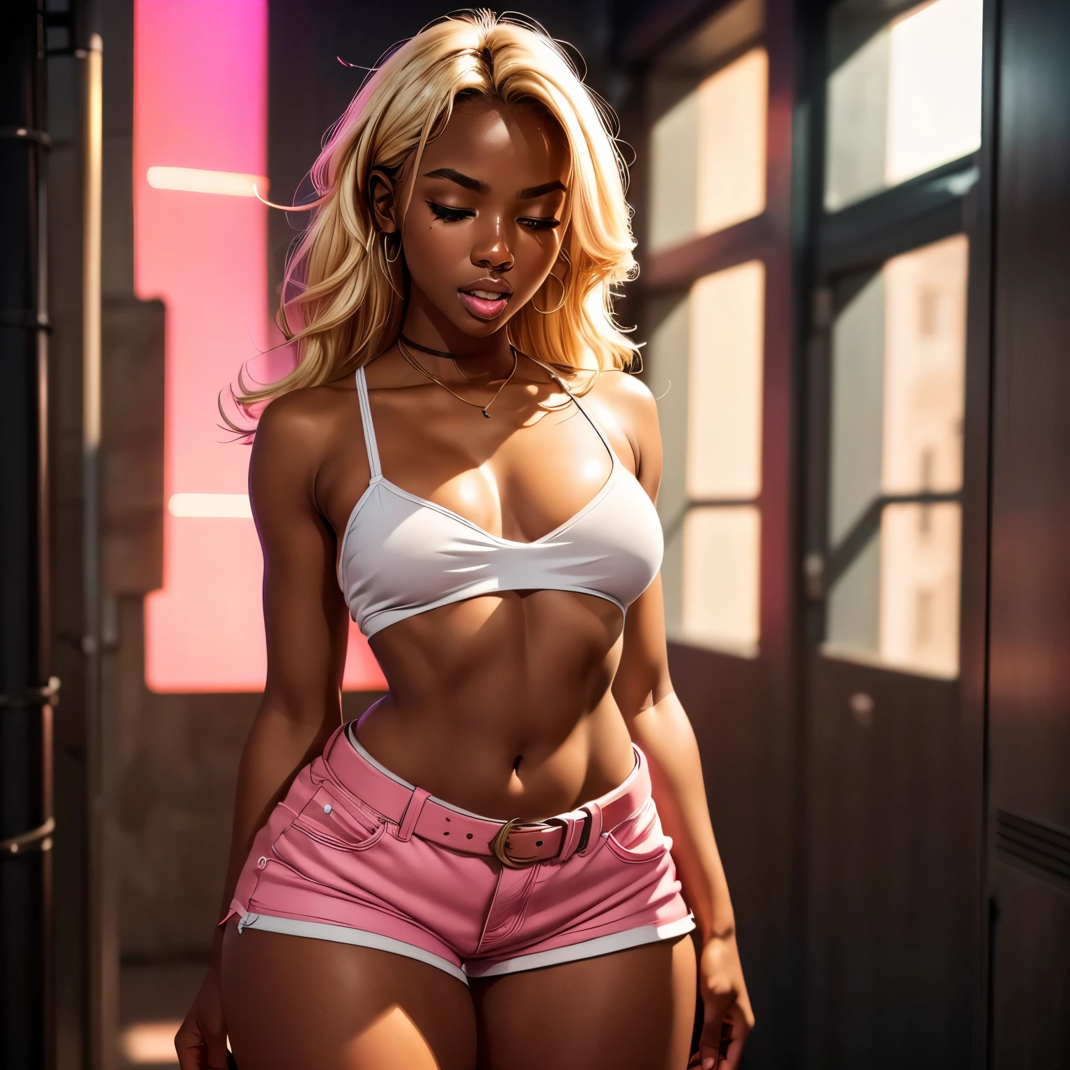 in classroom, (18 years old), (dark skin), dark skin, wide shot, blond hair, orgasm, (white bra, pink shorts with belt), (Masterpiece, Professional lighting, 16k, 8k wallpaper, raw photo, photorealistic:1.8, ultra detailed, natural lighting, detailed skin sexy pose, open mouth, big lips, night time, eyes closed, magic energy, neon light, orgasm, screaming, narrow shoulders, thick thighs