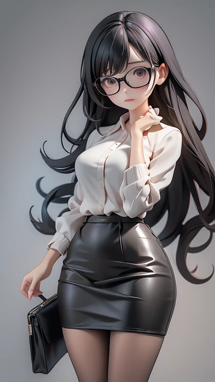 30-year-old woman、female teacher、Glasses、Black Hair,、Perm、Long Hair、Casual wear、Formal look、sweater、Dress shirt、Clothing patterns、Clothing Design、Tight skirt、whole body、