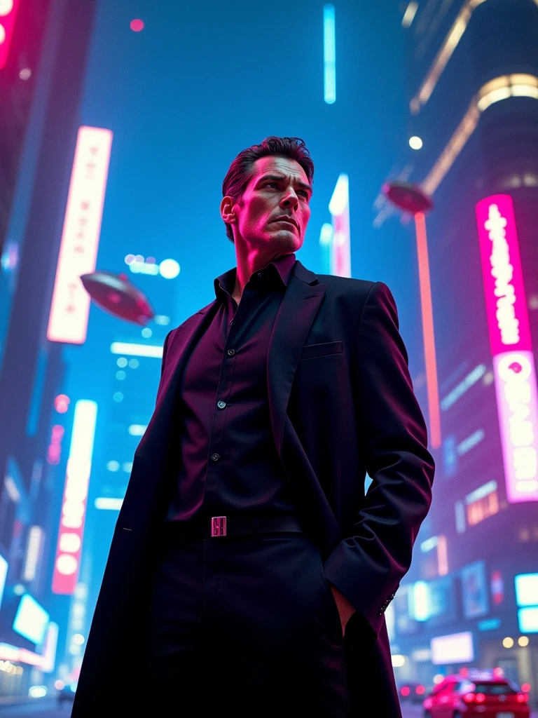 Alain Delon in a Futuristic Setting: Alain Delon dressed in an elegant black suit, in a futuristic city full of bright blue neon lights, roxo e rosa, with glass skyscrapers in the background. He's in an iconic pose, com um olhar misterioso, while flying cars pass in the background, creating a stark contrast of light and shadow.