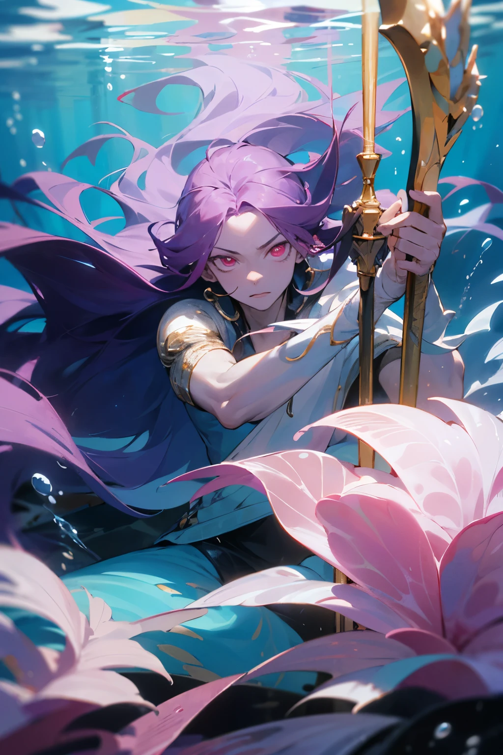 ((melhor qualidade)), ((obra de arte)), (detalhado), Male, long hair, Siren, purple hair, pink eyes, pink scales, dark eyes, holding scepter, underwater, pink skin