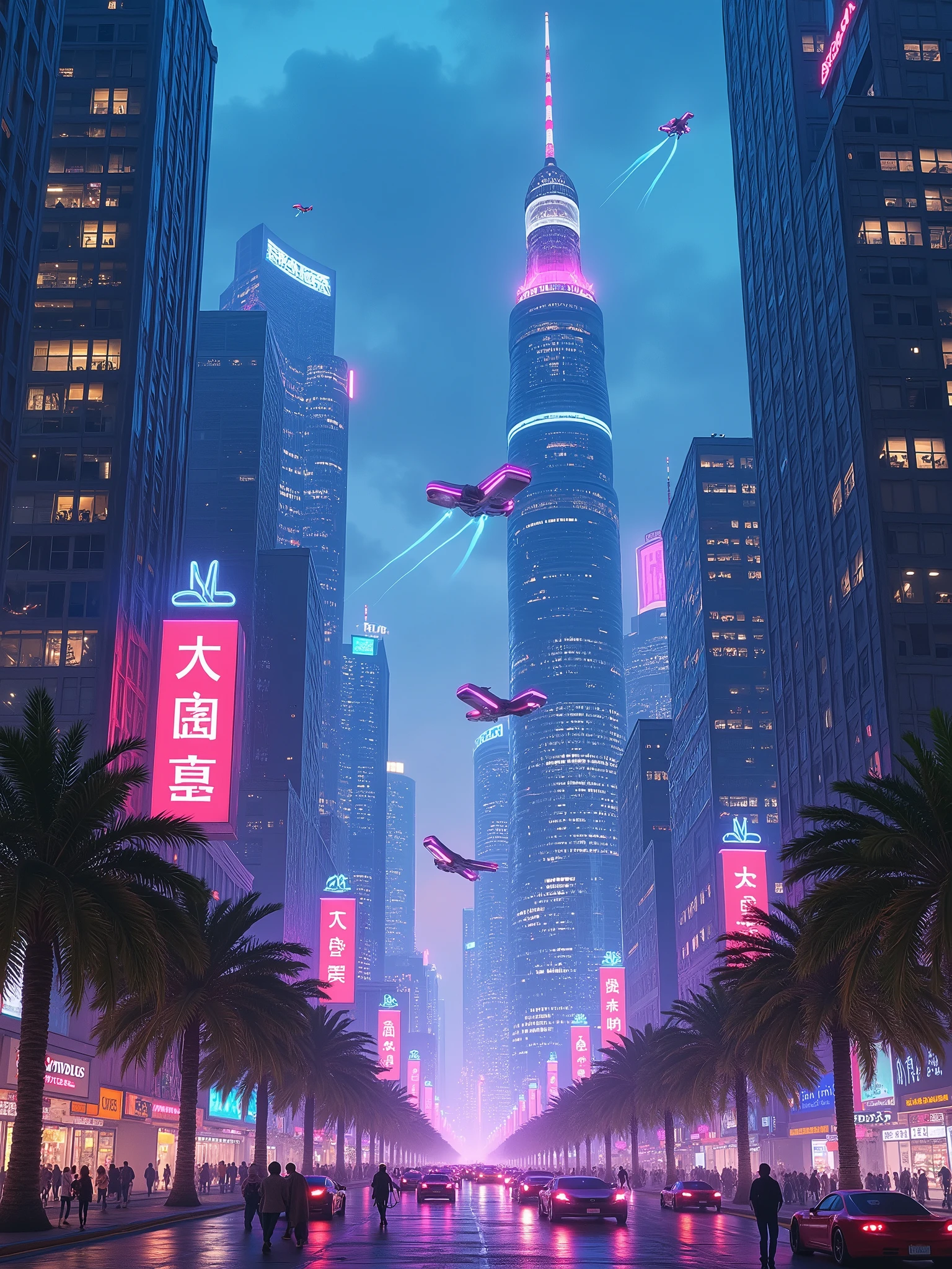 futuristic city at night: Describe a futuristic city illuminated by vibrant neon lights, with glass skyscrapers reflecting intense blue lights, roxo e rosa. Flying cars cut through the sky, creating a sci-fi setting with hyper-realistic details.