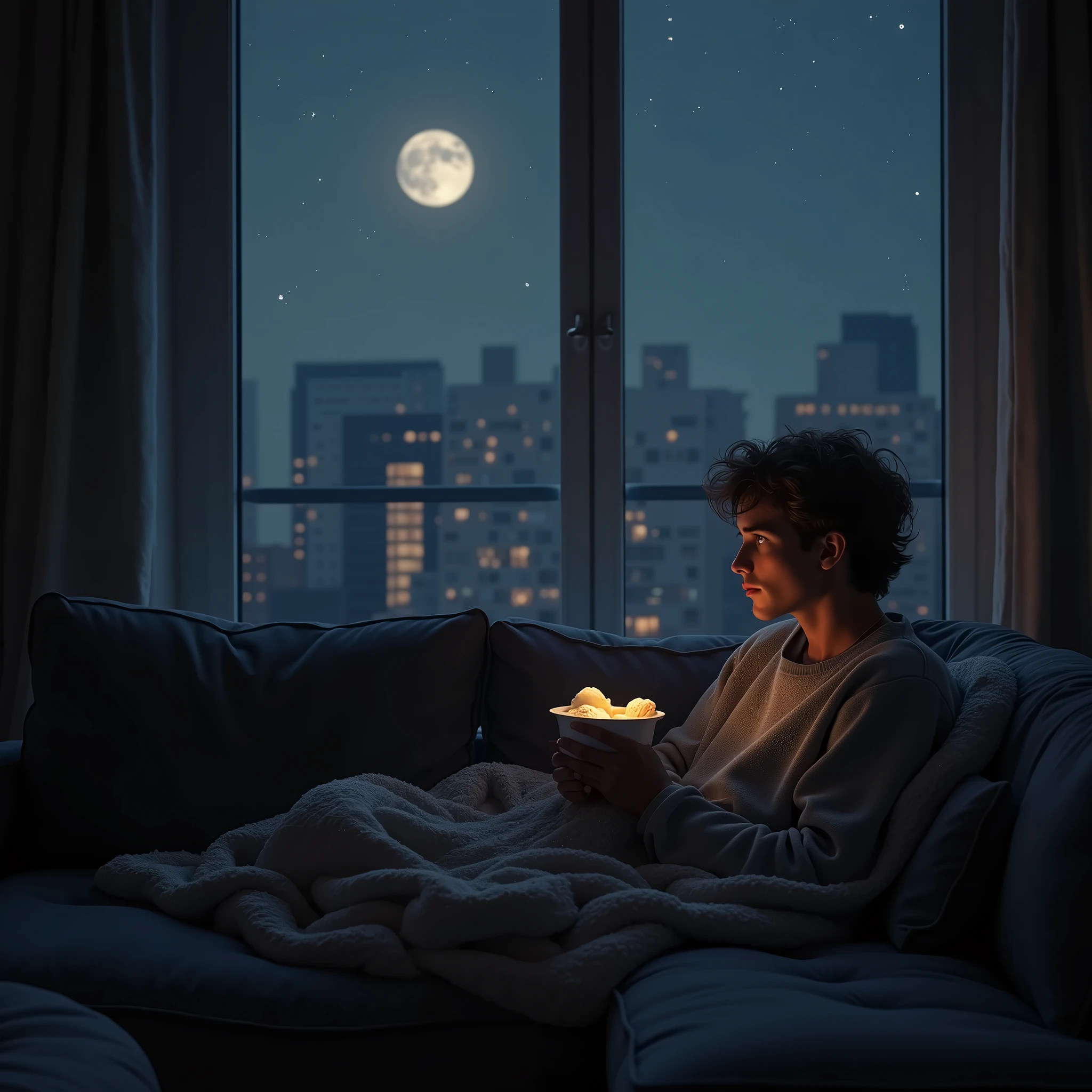At the night. In one apartment, a young German man in his living room, sitting alone on the couch with an ice cream in his hand, longing for peace and quiet. In the other apartment, two peoples in the 30s in the bedroom under a blanket, no heads. Hyper-detailed realistic, 8k, realistic person and style