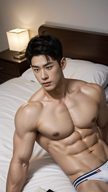 Asian man in a briefs, handsome man, handsome guy, handsome asian man, Full Body Shoot, side view, side, male underwear, briefs, portrait, detailed facial parts, Manly, Charmer, Active Boy, sleeping, sleeping on bed, lying down, legs opened, harness, furious expression, pain facial expression, thrilling, mouth opened, perfect anatomy, symmetric body, asian boy 25-year-old, shirtless :: high detail, asian, a little six packs attractive body, realistic, human skin, handsome chad chin, shirtless, handsome, lean muscle, attractive, slim, masculine, sexually attractive, human skin, (eyes contact), Handsome, Attractive, bulge in briefs, The crotch is raised, bright tone, realistic, wearing nothing, completely naked expose his huge penis, long big dick masturbate, the most perfect penis erecting , Realistic, fully naked, 