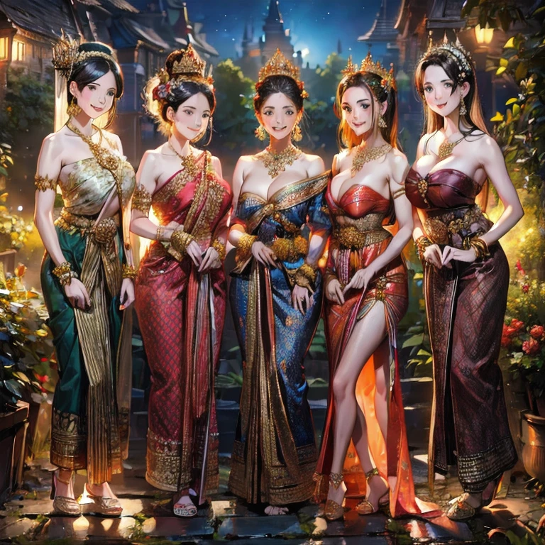 a group of five princesses, (five young women, many young women), (in the garden), Various hairstyles, harem, Wear a strapless Javanese dress...., at night, detailed face, medium breasts, chest curtain, short skirt, mules, Sleeveless, Show your armpits.., at night, starry at night, (large areola: 1.4, brown, Nipples are clearly visible......), ((Various positions)