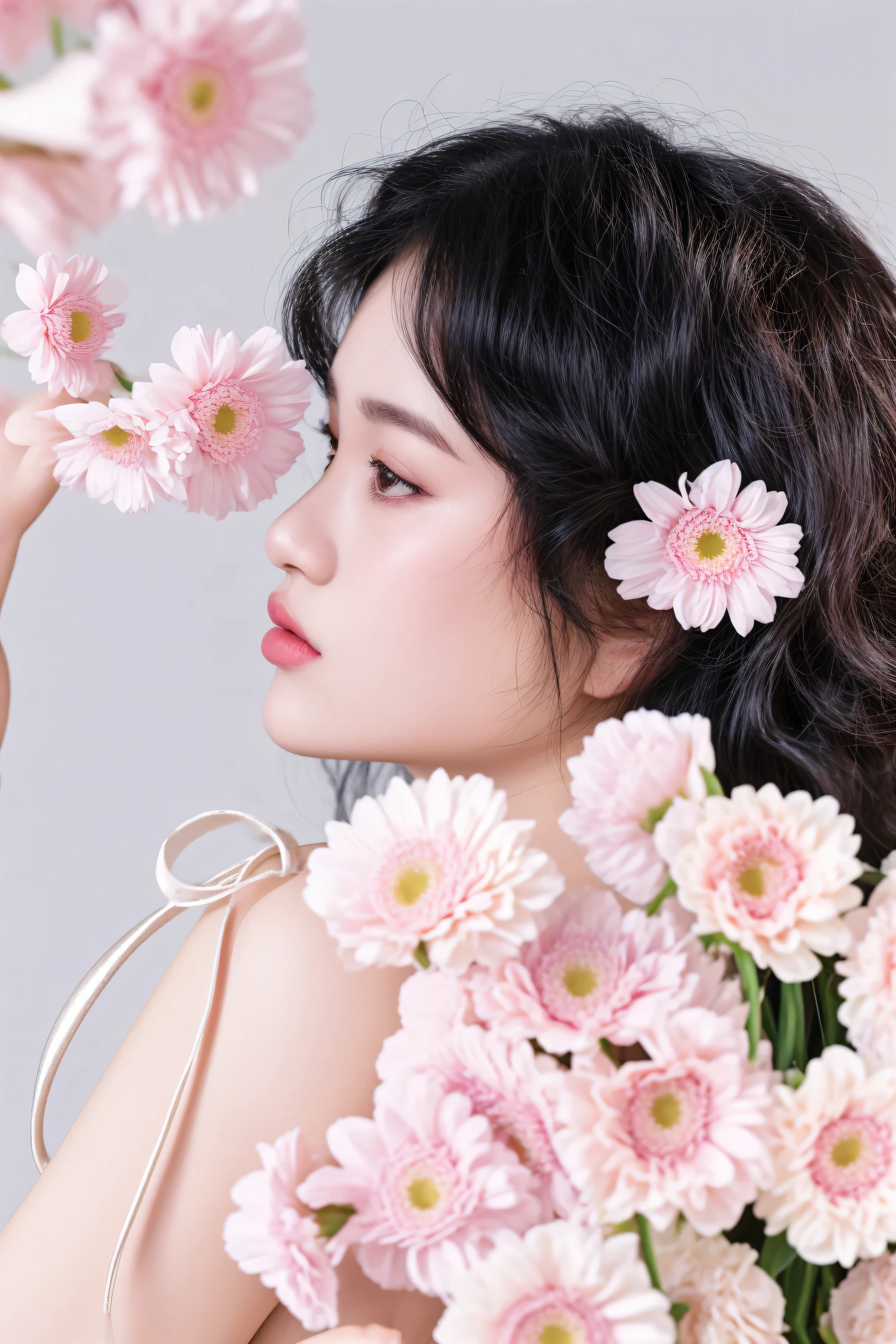 there is a woman that is holding a bunch of flowers, with flowers, official artwork, cynthwave, captured on canon eos r 6, album art, flowers on heir cheeks, hana alisa omer, shot on canon eos r5, with frozen flowers around her, shot on canon eos r 5, full of flowers, taken with canon eos 5 d mark iv