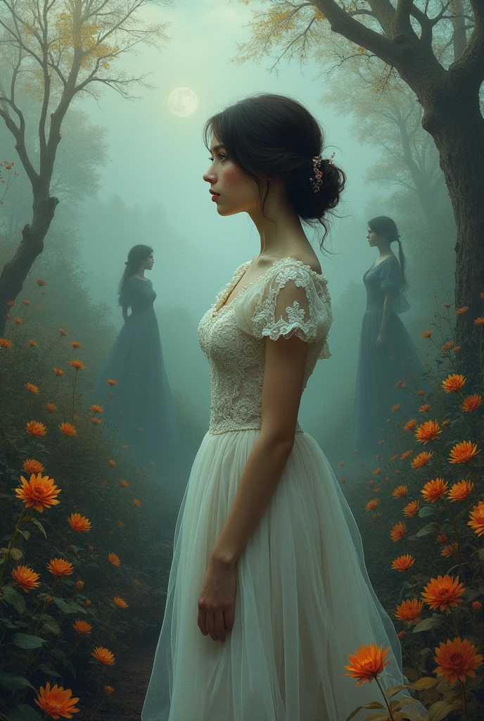 Make an image about "Posthumous Memoirs of Brás Cubas" Use a female figure present in the illustration.
