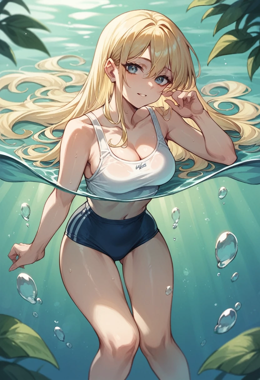 (highest quality, High resolution, perfect pixel, Depth of bounds written, 4K), (looking away), cowboy shot, detailed eyes, (1 lady), tall, (skinny body:1.2), (thin thighs:1.2), (Narrow hips:1.2), medium breasts, blond hair, (ponytail:1.2), (yellow cross halter bikini:1.2), (panty strap:1.2), (lying on back:1.2), (spread legs), (breast hold), (surprised:1.2), one eye closed, blush, clenched teeth, sweat,