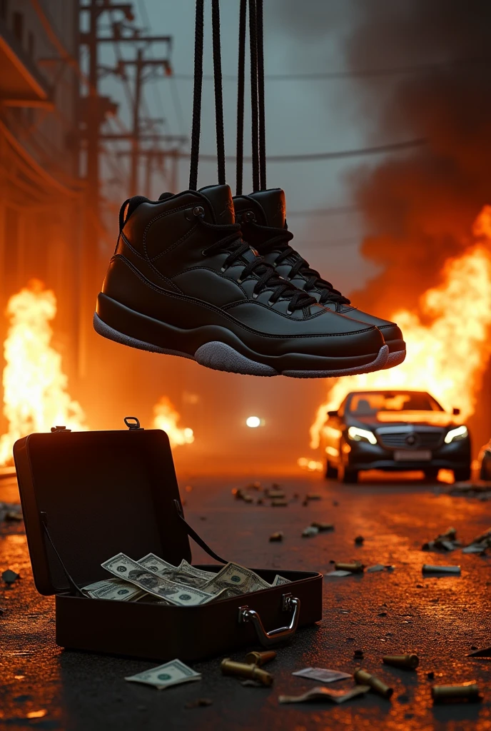 Street with fire, rifle bullets and a briefcase with dollars thrown on the floor and a burning Mercedes Benz, Nike Jordan tennis shoes hanging from the power lines