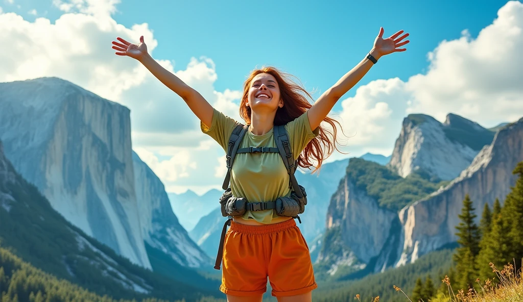 A realistic happy person in the mountain raising hands to the sky.