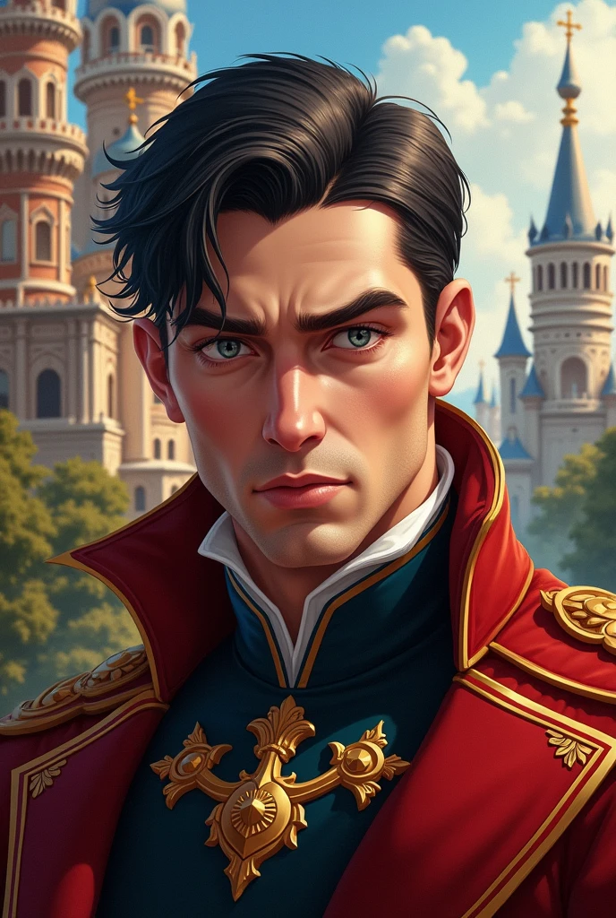 Game like art style
Russian adult male. Historical settings. Black hair. Gray colored eyes. Fair skinned. . Masculine Noble. Adult. Strong facial features.. Natural looking. Prince of the empire. Clean hair with bangs. Sharp prominent nose