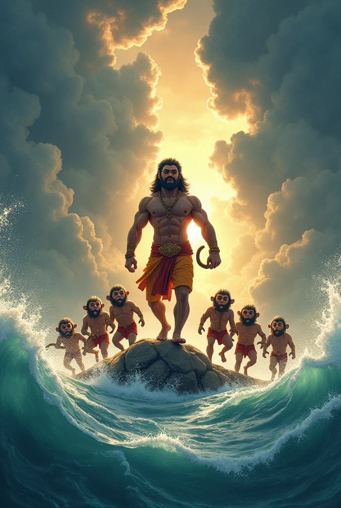 In cinematic 3D cartoon style "dramatic scene of Ram and his vanara (monkey) army placing large stones into the ocean. The stones are miraculously floating and forming a bridge, with an intense sky above highlighting their struggle and teamwork"