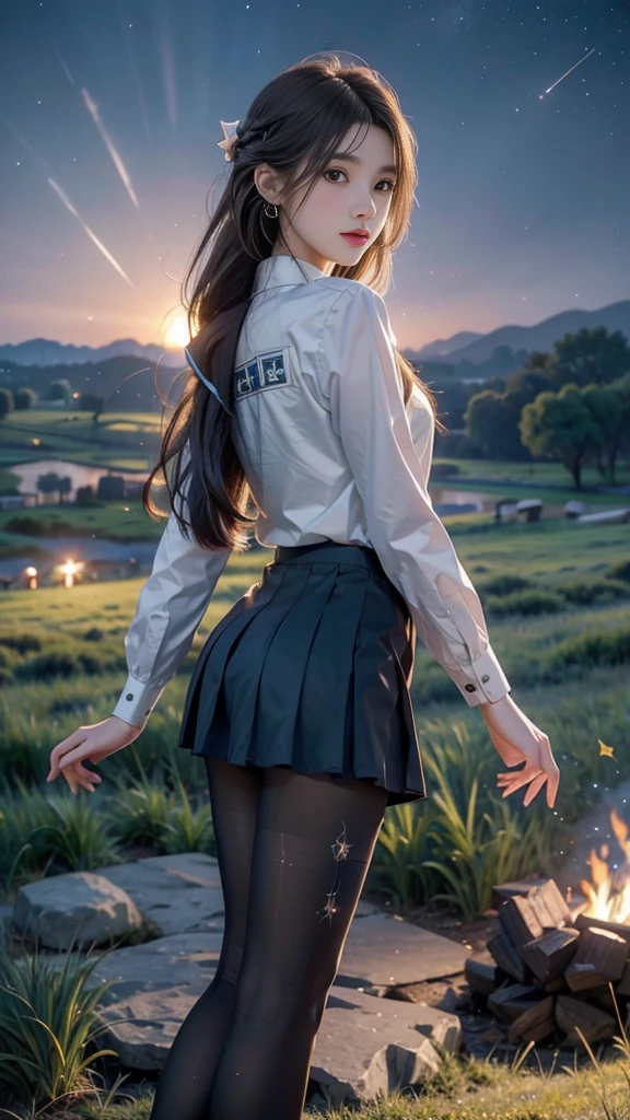 ulzzang-6500-v1.1, (RAW photo: 1.2), (Real photo), (Real photo: 1.4), 1 girl、Perfect anatomy、19 years old、Looking at the camera、((from behind)), Medium length hair、side braid, short uniform skirt, Dancing by the campfire on the green grassland at nigh, under the starry night sky, ((starry night: 1.1))、(Surreal tights: 1.2), (Business service)、Asian eyes Ella,