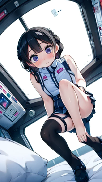 (Highest quality), (masterpiece), 1080P, High resolution, 4K, 8k, Inside the space station、Futuristic room、Thigh straps, Shooting from directly below, The woman on top of me, 白いSweat, Covered , Sweat, Woman looking down, Skirt swimsuit, Thigh-high socks, To achieve this, , , whole body, Black leather shoes, Braided hair, Inner Color, Embarrassed face, Short black hair, bracelet, Bedroom,celestial body_Vest
