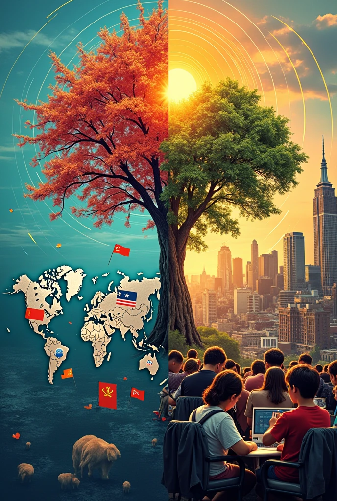 **Simplified description**:
The image will be divided into two parts:
1. **Left side (The Recent Past)**: Here I will show a world map with lines connecting different countries, representing globalization. There will also be a symbol of the Cold War, as a simple division between two flags (yes.UU. and the USSR).
2. **Right Part (the present)**: This part will show a modern cityscape with people using smartphones and computers., representing the digital age. I will also include a symbol of climate change, like a shining sun and a tree that shows one green side and one dry side, to highlight current environmental problems.