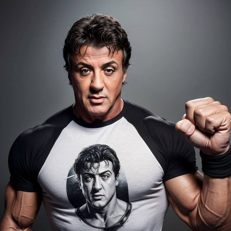 "Draw Sylvester Stallone in an iconic pose, like raising the fists after a fight. Capture a determined and confident expression on his face. Use a drawing style [ disney pixar] with a touch of humor."