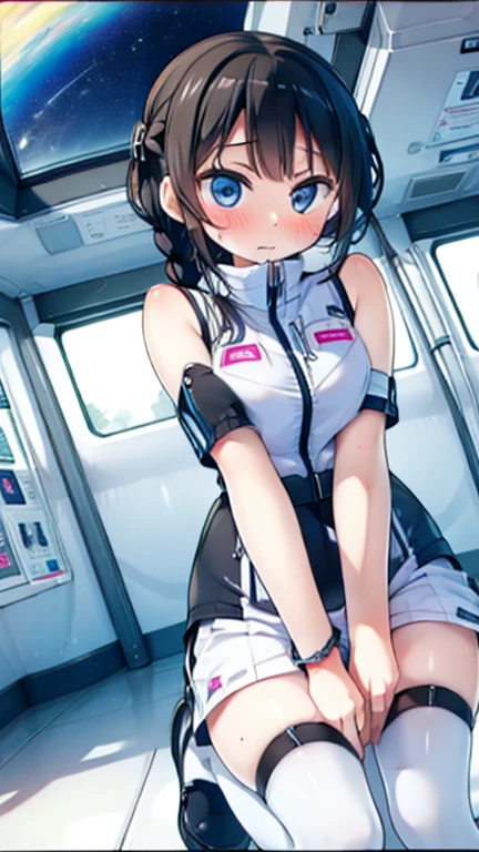 (Highest quality), (masterpiece), 1080P, High resolution, 4K, 8k, Inside the space station、Futuristic room、Thigh straps, Shooting from directly below, The woman on top of me, 白いSweat, Covered , Sweat, Woman looking down, Skirt swimsuit, Thigh-high socks, To achieve this, , , whole body, Black leather shoes, Braided hair, Inner Color, Embarrassed face, Short black hair, bracelet, Bedroom,celestial body_Vest
