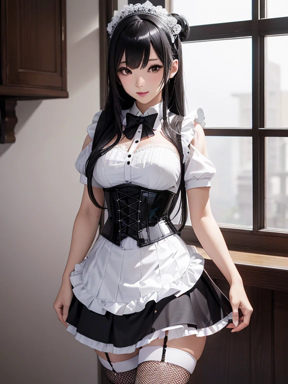 Photorealistic, high resolution, A Japanese Maid named Kimmi, solo, heavy makeup, Hips up, (standing) (Detailed face), Black hair, Long hair, black and white corset, white lace Panties , black micro skirt, fishnet Stockings. Fully clothed.