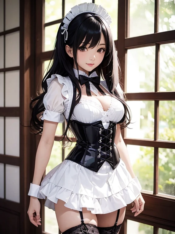 Photorealistic, high resolution, A Japanese Maid named Kimmi, solo, heavy makeup, Hips up, (standing) (Detailed face), Black hair, Long hair, black and white corset, white lace Panties , black micro skirt, fishnet Stockings. Fully clothed.