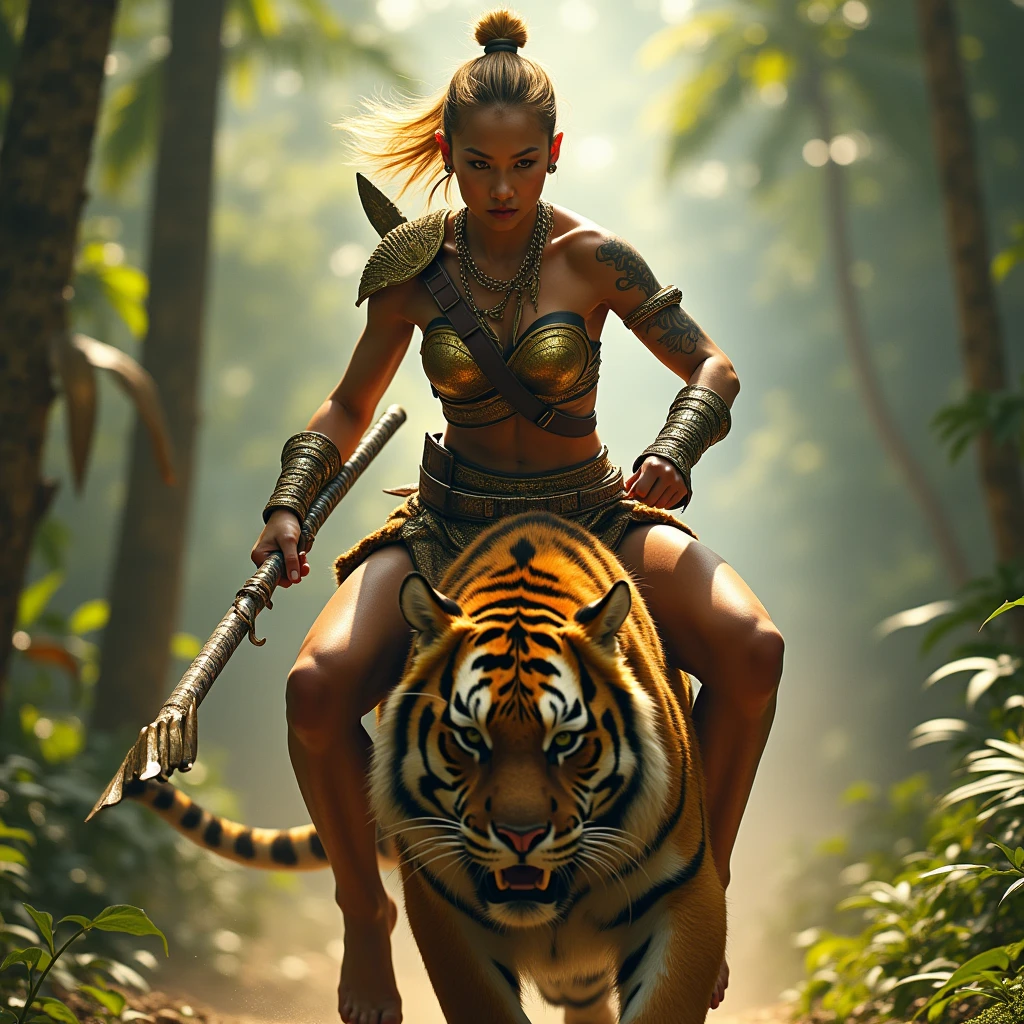 A Thai female warrior with short golden hair,golden brown armor,claw weapon on the back of her hand,tattoo on left arm,riding a tiger,