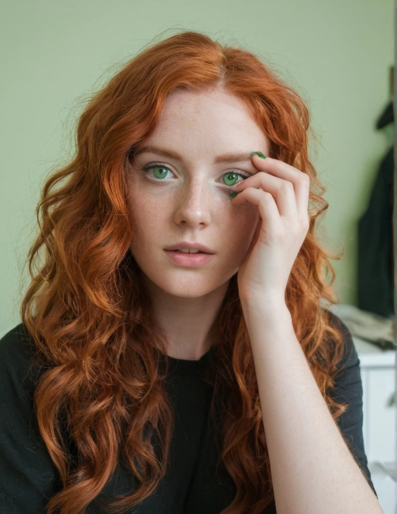 A woman with wavy red hair, with green eye, in her room taking a picture in the mirror