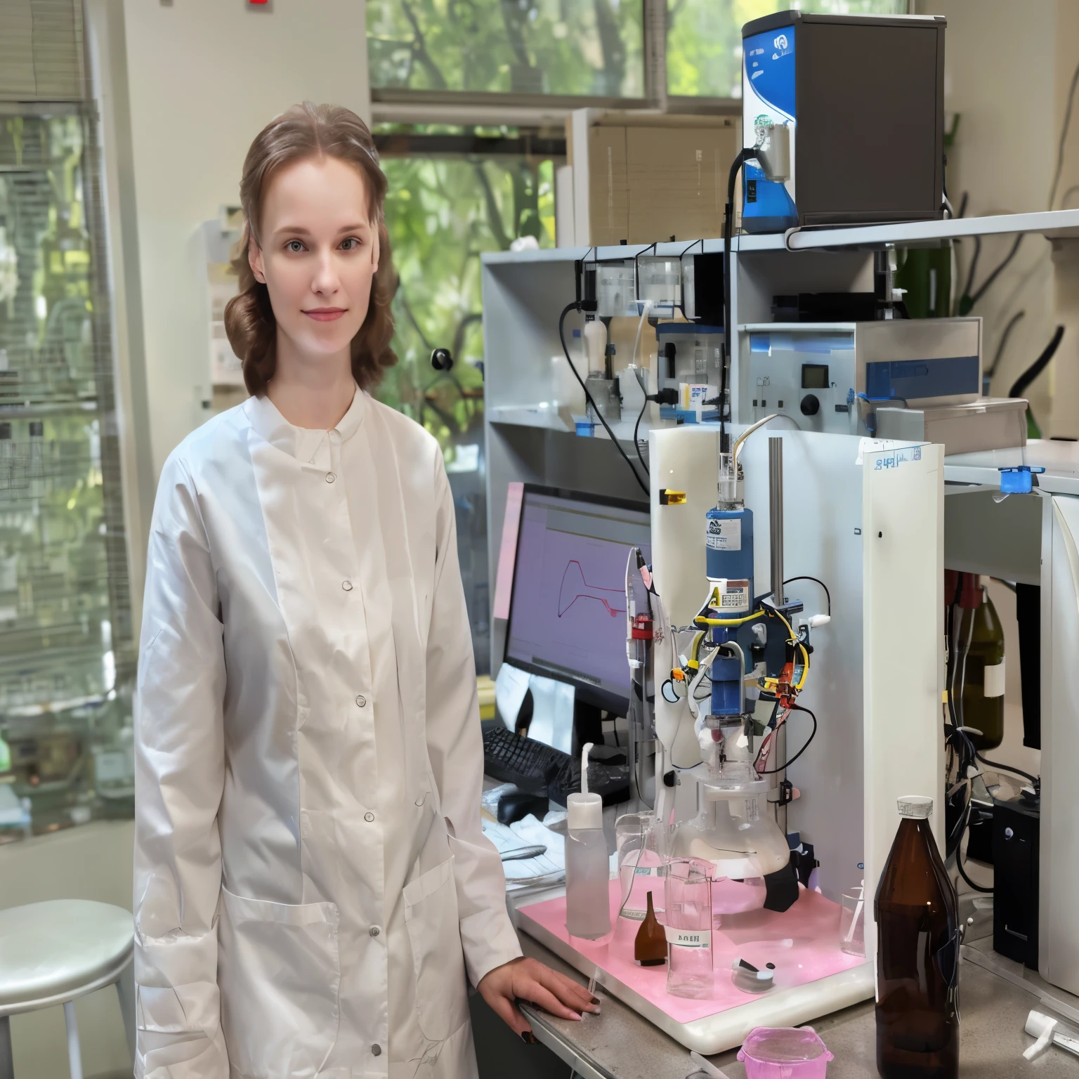 woman in lab coat standing in front of machine with bottle, works in his scientific laboratory, in a lab coat and blouse, in the lab, experimenting in his scientific laboratory, in the laboratory, in the background, stood in the lab, laboratory in the background, in a cluttered lab, sitting on a laboratory table, scientist, molecular, in the lab