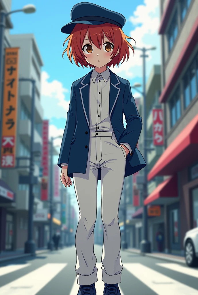 Personagem da obra 'Bungou Stray Dogs', short, messy red hair, reaching up to the shoulders. pale skin, eyes browns. A white long-sleeved button-up shirt under a blue-black blazer. White pants, blue-black shoes. Wears a blue-black hat as well. feminine appearance. Set in Yokohama in Bungou Stray Dogs.
