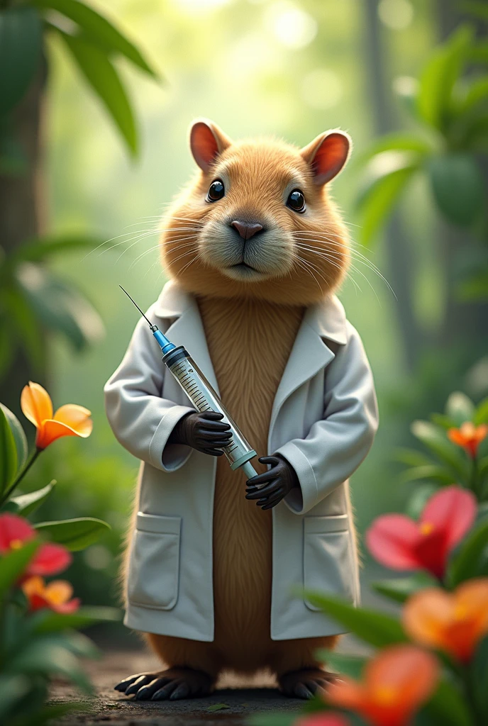 CREATE IMAGE OF A CAPYBARA ,Wearing a white coat and holding a syringe in his hands,without stethoscope