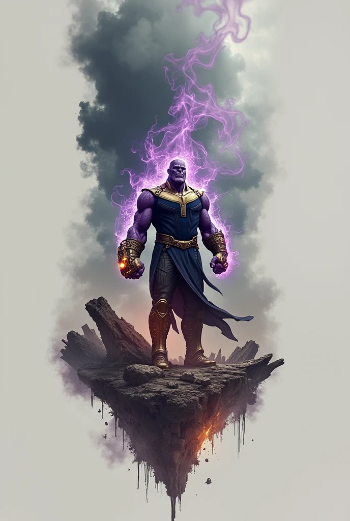 Thanos with purple fire around him , with the infinity gauntlet 