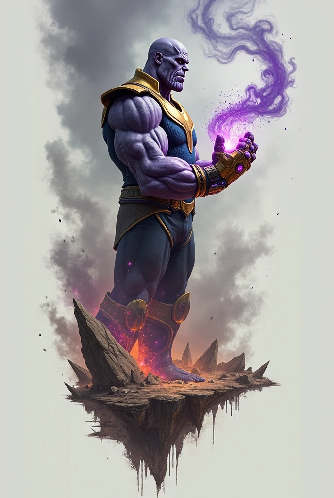Thanos with purple fire around him , with the infinity gauntlet 