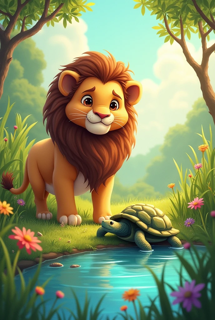 https://www.canva.featuring/design/DAGOOeX73B4/J6mCEK4mUkDzK0G_3AMxxw/edit?utm_happy=DAGOOeX73B4&utm_campaign=designshare&utm_medium=link2&utm_source=sharebutton The brave little lion found a turtle trying to reach a lake, illustration , filhote, big and brown coat, Unclothed.