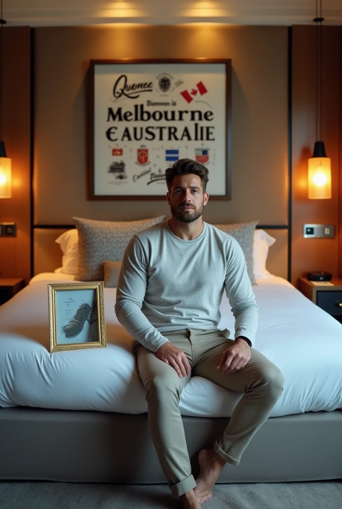 Homme caucasien grand de taille, charmant, un tout petit peu costaud, habillé en pantalon et tee-shirt manche longue, assis ou adossé sur une table dans une grande chambre d'hôtel et sur le lit de l'hôtel qu'il soit déposer un cadre photo grand ou moyen qu'il est possible de faire arrêter sur le lit et faire face à la caméra et sur le mur du chevet du lit un tableau sur lequel il est écrit en français : Bienvenue à Melbourne E AUSTRALIE et autour de la phrase qu'il y ait les emblèmes du Canada Québec ou le drapeau du Canada Québec