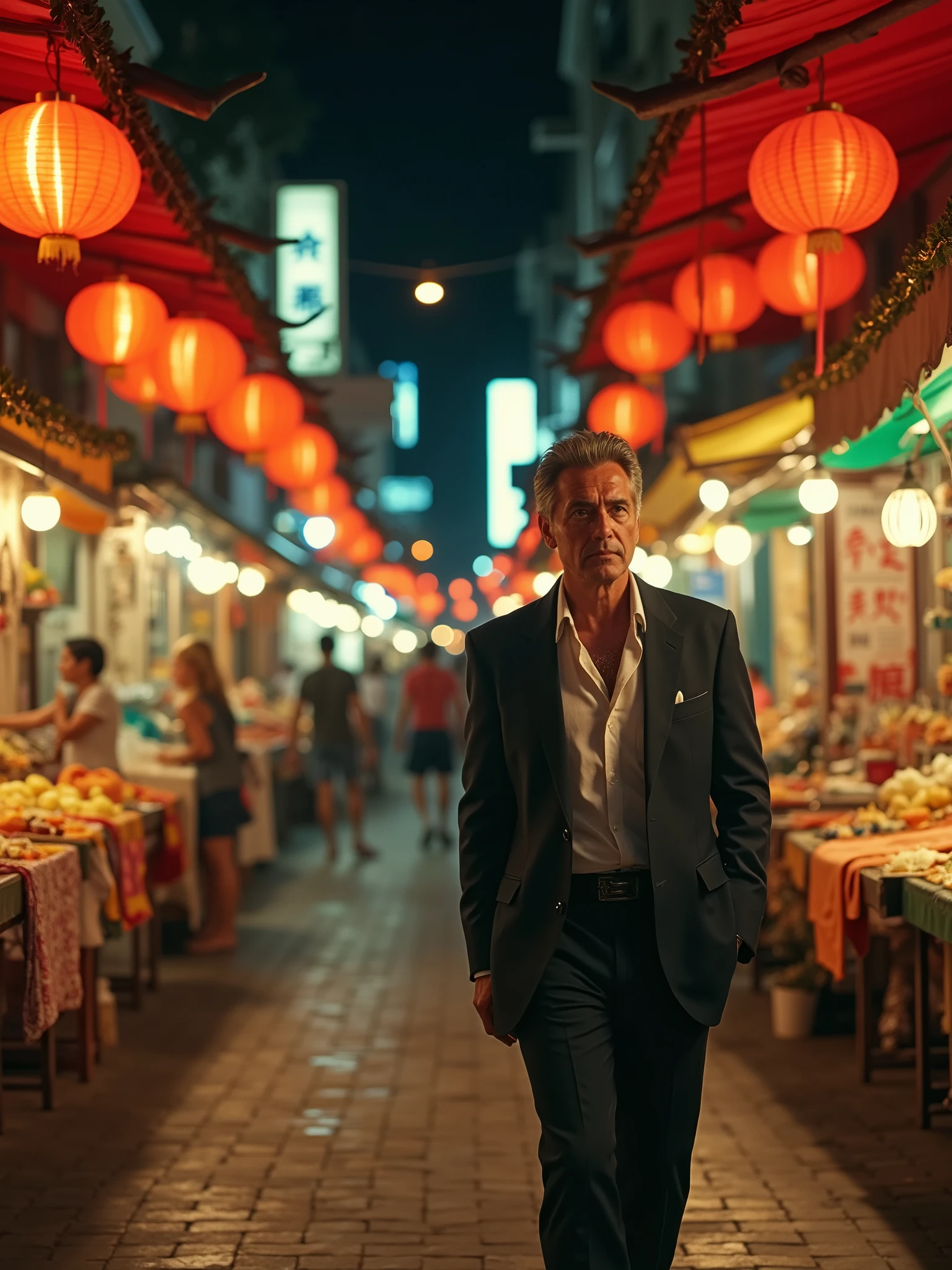 Alain Delon at the Asian Market: Alain Delon walking through an Asian street market at night, with bright red lanterns illuminating colorful stalls. He is wearing a casual suit, interacting with the lively and vibrantly colored environment, while the surrounding scenery is saturated with intense hues and realistic details.