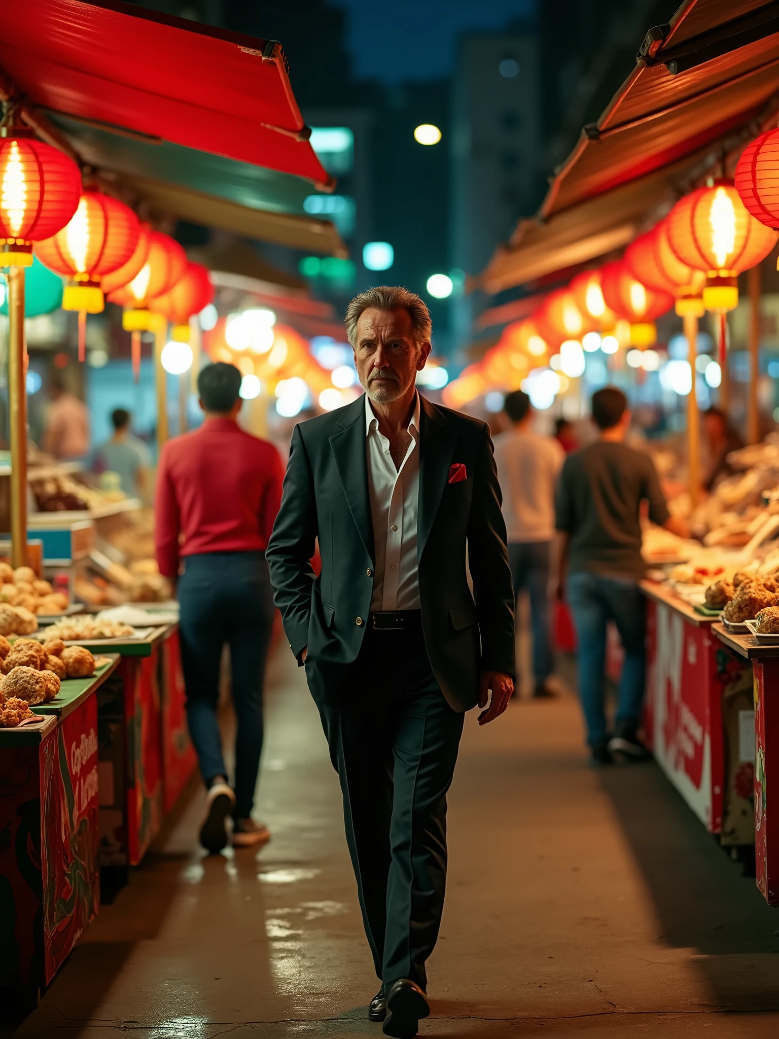 Alain Delon at the Asian Market: Alain Delon walking through an Asian street market at night, with bright red lanterns illuminating colorful stalls. He is wearing a casual suit, interacting with the lively and vibrantly colored environment, while the surrounding scenery is saturated with intense hues and realistic details.