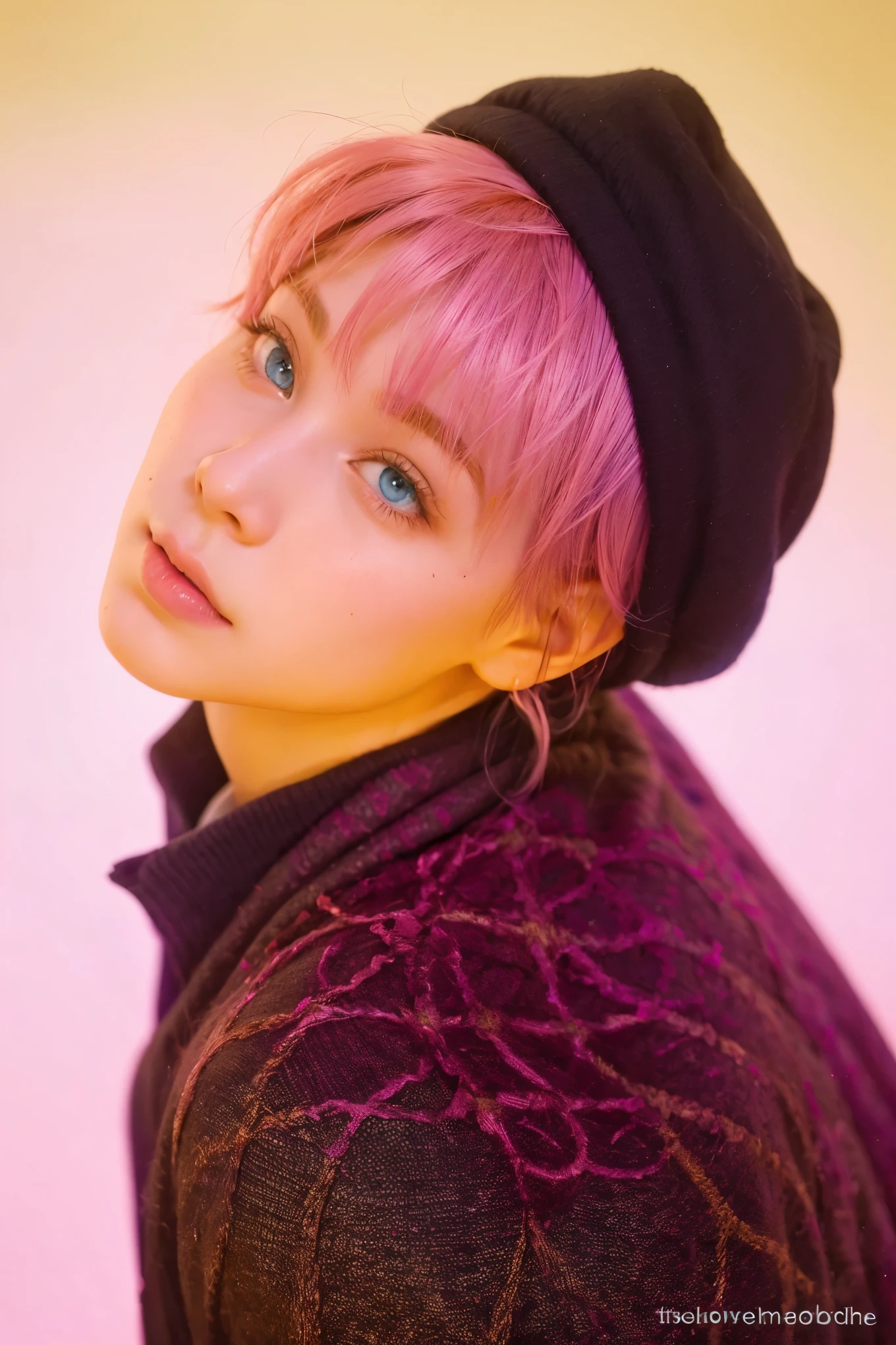 With pink hair and light blue eyes