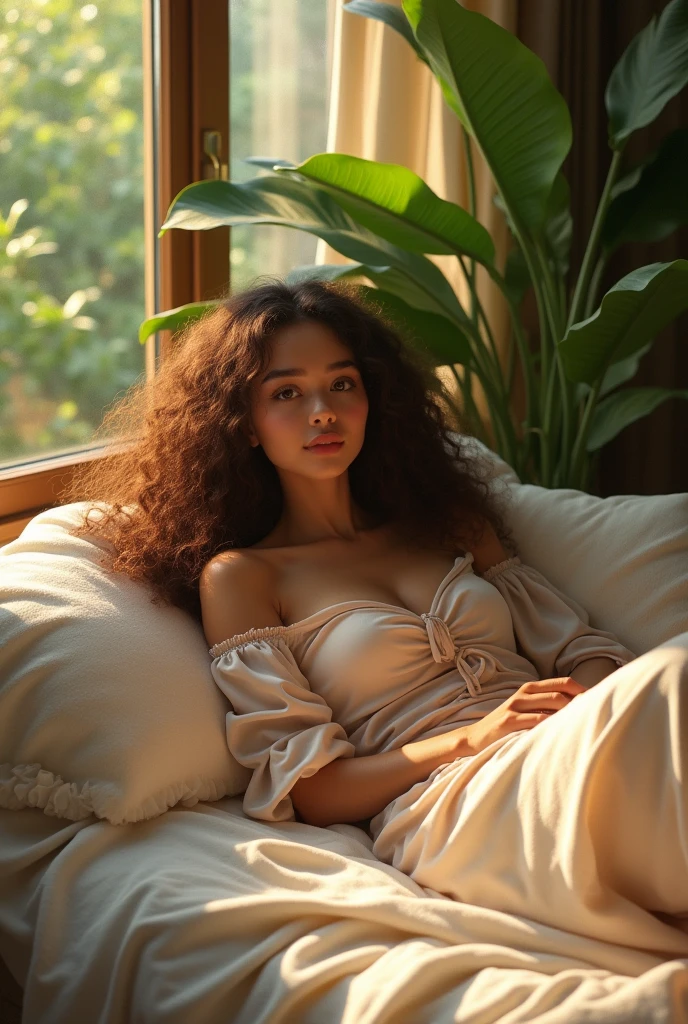 (photorealism:1.2), beautiful woman, sitting on bed, wearing loose off-shoulder top, pajama pants, long curly hair, indoors, soft lighting, plants in background, window with sunlight, cozy room, relaxed pose, realistic, intricate details, warm colors, by Greg Rutkowski, by Alphonse Mucha