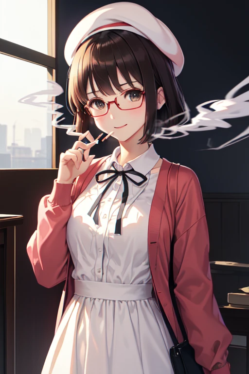 (masterpiece:1.6, best quality), (finely detailed beautiful eyes: 1.2),  ph_katou, katouhdlong, katouhd, 1girl, solo, holding eyewear, hat, eyewear removed, dress, brown hair, bangs, holding, short hair, simple background, glasses, jacket, white background, open jacket, smile, white headwear, brown eyes, open clothes, blush, white dress, red jacket, ribbon, long sleeves, standing, closed mouth, beret, bow, neck ribbon, breasts, black ribbon, buttons, medium breasts, black-framed eyewear, short dress, backlighting, wing collar, manka,
(Smoking: 1.5), 1 cigarette, cigarette smoke, displeased expression, glaring at me