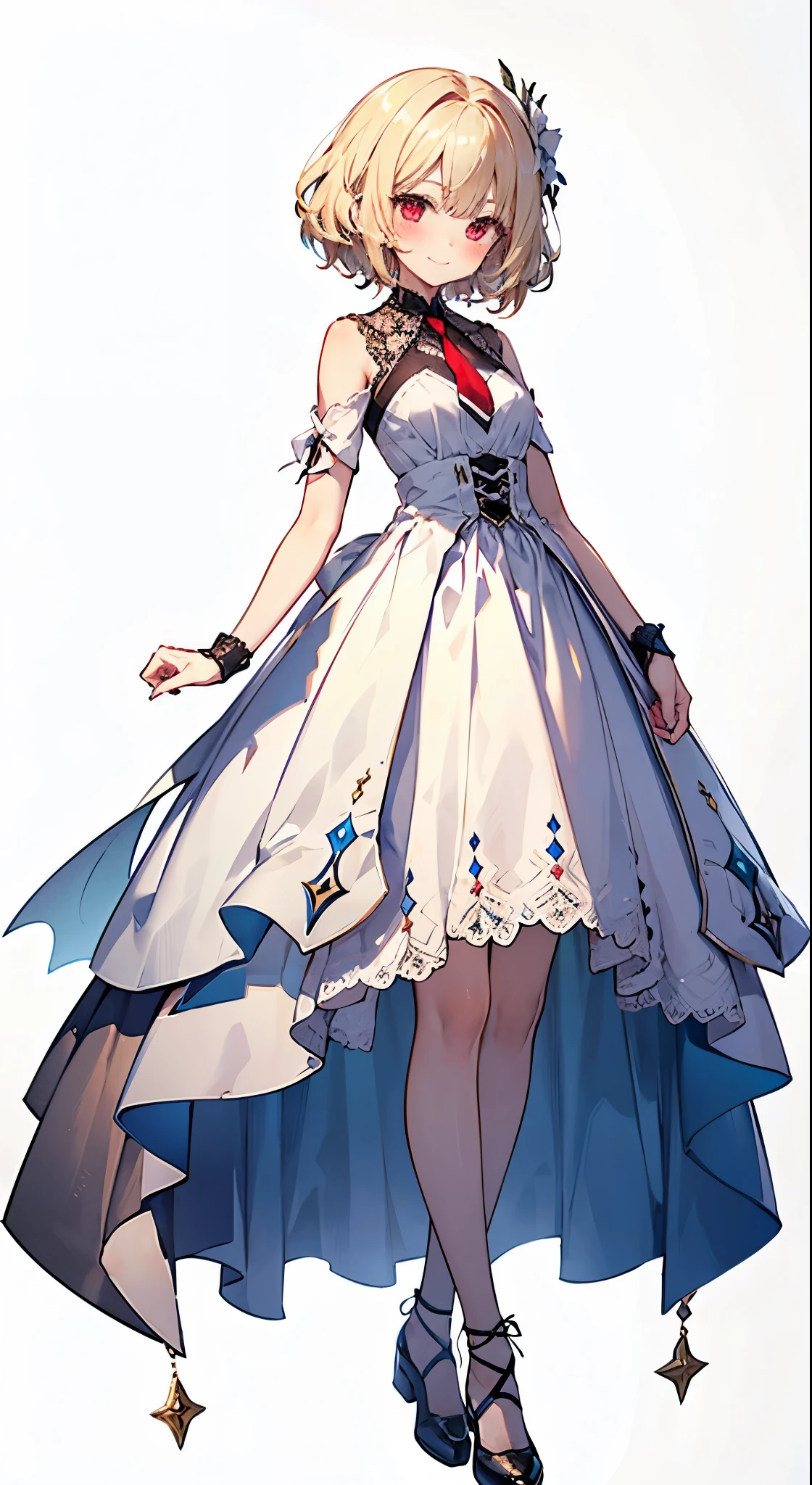 Head to Toe,whole body,Overall image, looking at viewer, upright, arms at side, concept  art, A young woman with long light blonde hair is standing facing forward。,  alone, Red Eyes, smile, simple background, blush,  bangs, Wearing lace-up shoes, wrist set, Red tie, princess