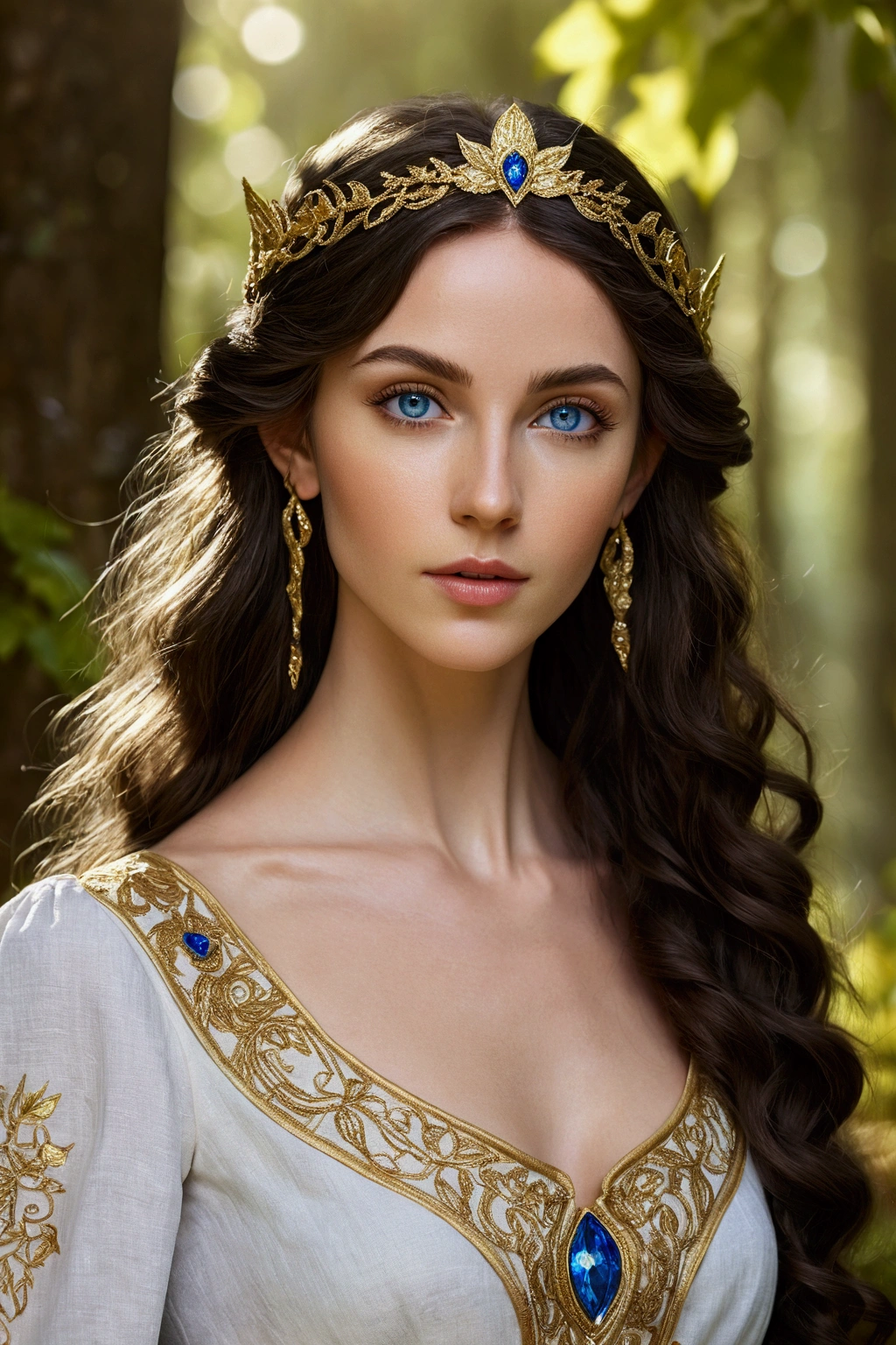 Sexy brunette elf with long ears and blue eyes, long wavy hair, linen dress with gold embroidery and embellishments, Detailed eyes and face, delicate features, posing in a sunny grove, natural lighting, Professional environment, Fantasy theme, Magical atmosphere, bright colours, hight resolution, Ultra-detailed, sharp-focus, Photorealistic, , Enchanting background, mysterious aura, Mesmerizing presence, magical elements, Refined beauty, Stylish outfit, Graceful posture, stunning visual, full body photography