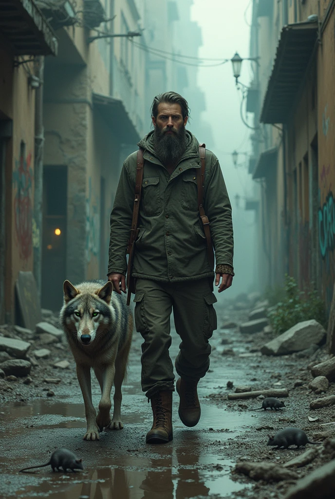 Exploring the ruins of a old city, outside his territory, walker a Bearded Mountain man, accompanied by his loyal gray wolf,, portrait, 3D effect ultra-detailed intricate insanely full HD resolution 4K, hyperrealist artwork, photorealistic digital painting cinematic film light,green kind expressive eyes, like a stranger in my own town, walker in war zone, rats o puddle on ground, graffiti painted in walls,