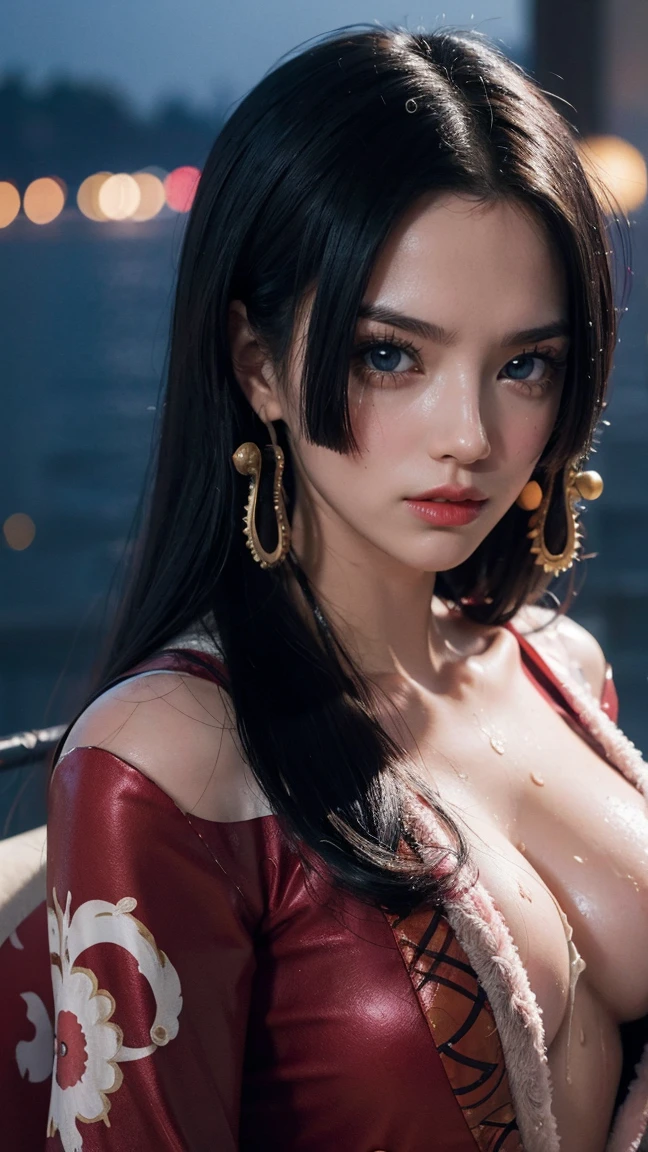 People with long hair,tits, A very revealing red kimono.,Bare-chested, Boa Hancock, Boa Hancock from anime one piece, as an anime characters, Perfect Anime Faces, she has black hair with bangs, female anime characters, anime characters, Best Anime Girls, Hime cut hairstyle, black hair, (red glossy lips:1.3), blue eyes, smile, sea background, (Beautiful face:1.3),bust,wet with sweat,Turn your gaze to the camera.,nighttime,Focus on big breasts,