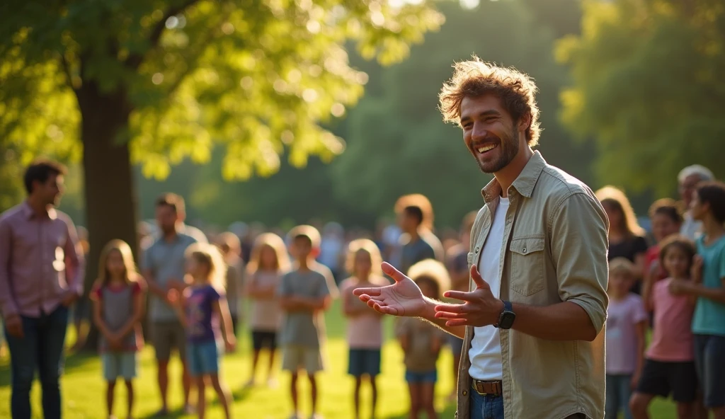 A realistic person sharing the gospel to people at a park.