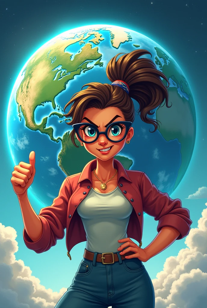 Planet Earth with glasses Juliet giving a thumbs up with an angry face