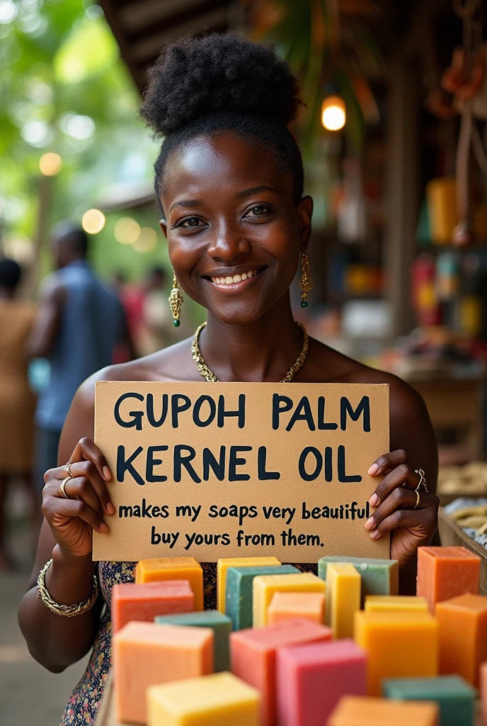 A Ghanaian woman standing in front of More beautiful soaps and showing a write upon a small Bill board with inscription GUPOH PALM KERNEL OIL make my soaps very beautiful , buy yours from them