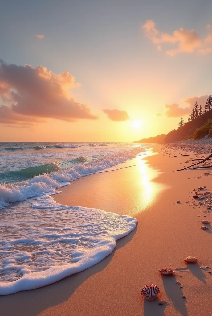 A deserted beach, with the waves gently lapping at the shore.